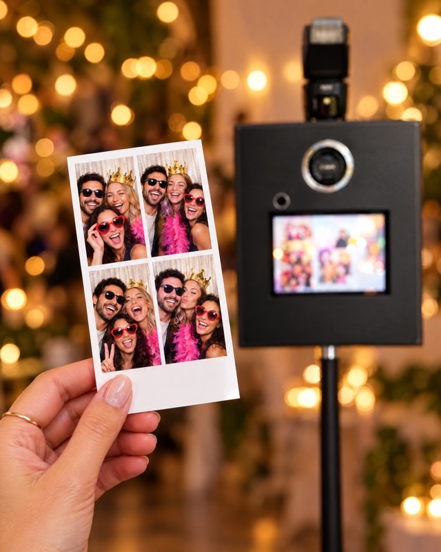 Hand hält einen frisch gedruckten Fotostreifen vor der Fotobox