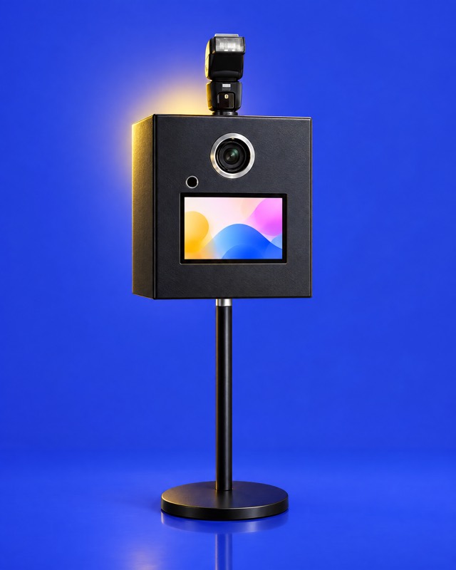 Die STRAHLEBOX-Fotobox in Lederoptik mit Canon-Kamera, Touchscreen und Studioblitz