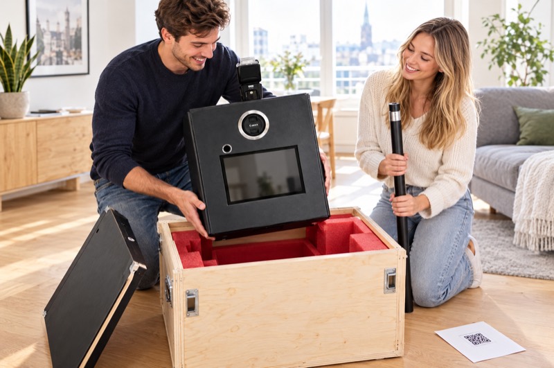 Paar packt die Fotobox aus der gepolsterten Versandkiste aus
